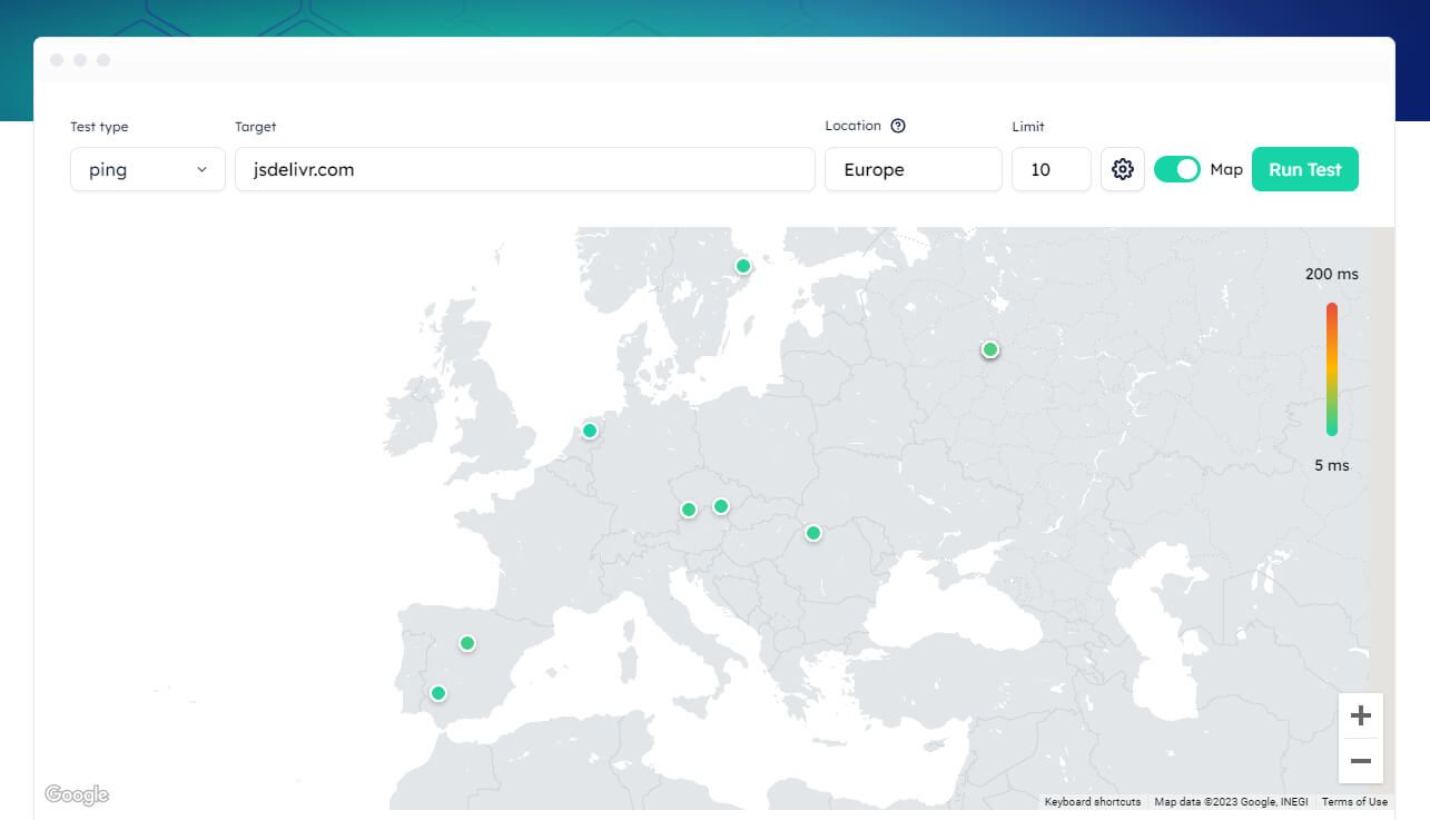 The Globalping web tool after sending a ping measurement request.